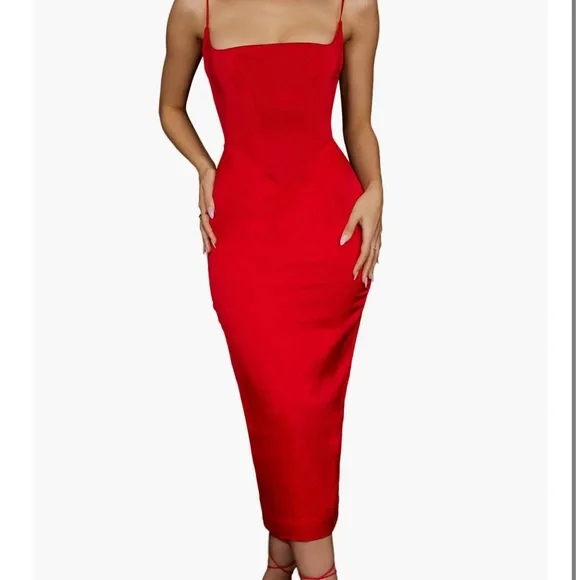 House of CB Red Anais Satin Midi Dress - Picture 2 of 4